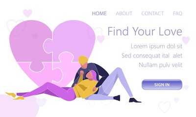 Find your Love, Soul Mate and Perfect Partner Website Flat Cartoon Banner Vector Illustration. Wedding and Engagement Concept Landing Page. Couple in Love Hugging. Woman Lying on Boys Legs.