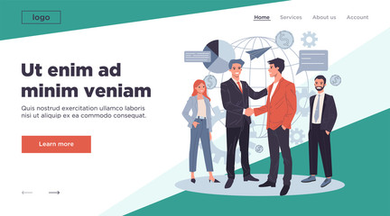 Global business partnership flat vector illustration. International teamwork, negotiation and success concept. Two partners shaking hands and making agreement.