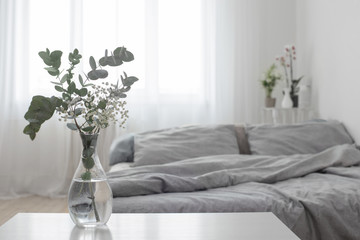 eucalyptus in glass vase in white bedroom