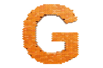 Bricks font, letter G from building bricks. 3D rendering
