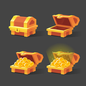 Wooden Chest set for game interface. Vector illustration.