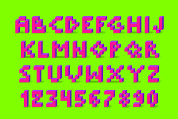Pixel retro video game font. 80 s retro alphabet font.