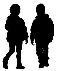 Little children in warm clothes are walking on street. Isolated silhouettes on white background