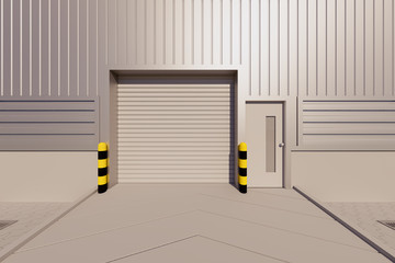 Roller door or roller shutter. Also called security door or security shutter. For protection residential and commercial building i.e. home, factory, warehouse, hangar, shop and store. 3d rendering.