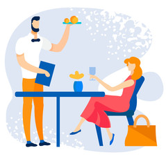 Bright Banner Order in Summer Cafe Cartoon Flat. Vector Illustration. Woman Spends her Holidays in Cafe. She want Place Order, so she Ask Passing Waiter Give her Menu. Waiter Serves Customer.