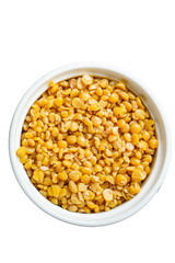 dry yellow peas boiled porridge healthy food (meat product sausage) menu concept background. top view. copy space for text