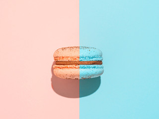 Creative layout with macaron. Trendy light. Two colors macaron or macaroon on duotone coral pink...