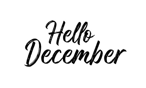 Hello December Inspirational lettering black color, isolated on white background. Vector illustration for posters,  banners, flyers, stickers, cards and more. Vector illustration. EPS10.