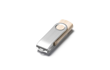 Blank wood closed usb stick with silver cap mockup, isolated
