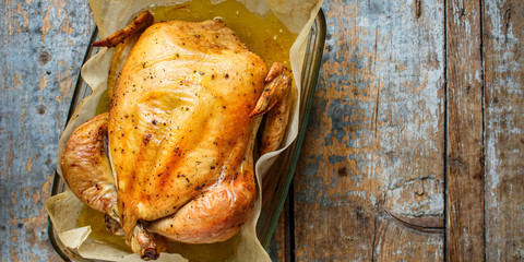 baked chicken, festive table (hen or turkey) menu concept background. top view. copy space for text