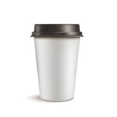 Realistic blank mock up paper cups with plastic lid. Coffee to go, take out mug. Vector illustration isolated and can be use for any backgrounds. EPS10