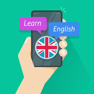 Learn english via mobile phone app or study foreign language on smartphone online vector flat cartoon image, digital education courses or cellphone application studying english internet lesson