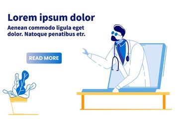 Personal Online Medical Consultation. Cartoon Doctor Character in Uniform on Flat Laptop Screen Prescribes Treatment. Telemedicine Advertising Banner. Healthcare Application. Vector Illustration