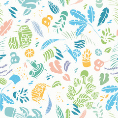 Hygge leisure lifestyle pastel plant pattern with modern floral and shape in pastel tones. Happy cozy tropical plant pattern. Surface pattern design.