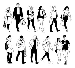 People in different poses. Monochrome vector illustration of set of men and women standing and walking in simple line art style. Front view, side view. Hand drawn sketch isolated on white background.