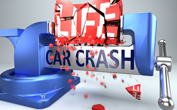 Car crash can ruin and destruct life - symbolized by word Car crash and a vice to show negative side of Car crash, 3d illustration