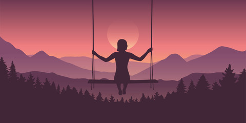 girl on a swing at beautiful purple mountain and forest landscape with rising sun vector illustration EPS10