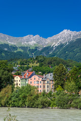 Fototapeta na wymiar Majestic river in City in Innsbruck, Austria.