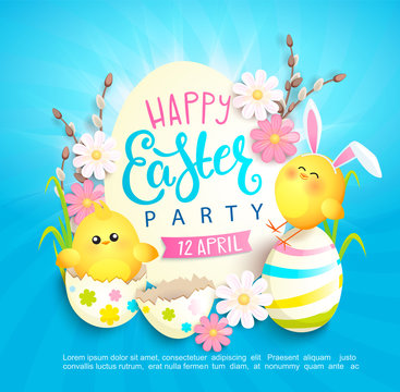 Happy easter party invitation card with beautiful camomiles, painted eggs and chickens with rabbits ears. Banner, poster, greeting, flyer.Template for your design. Vector illustration.