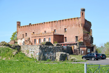 Fototapeta na wymiar KALININGRAD REGION, RUSSIA. View of the fortress walls of Shaaken Castle, 13th century