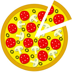 round meat pizza with sliced triangular slice on a white background, vector
