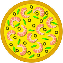 round pizza with seafood and herbs, vector