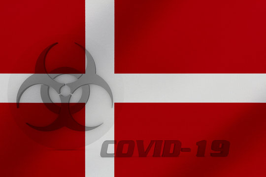 3D ILLUSTRATION VIRUS, BIOHAZARD SYMBOL CORONAVIRUS WITH Denmark FLAG, Flu coronavirus floating, micro view, pandemic virus infection, asian flu.