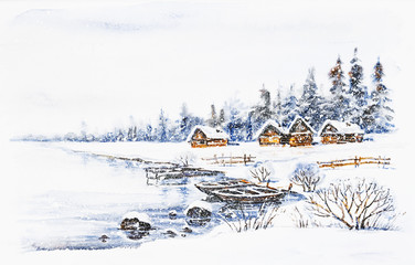 Watercolor painting: Winter village landscape with boats on frozen river