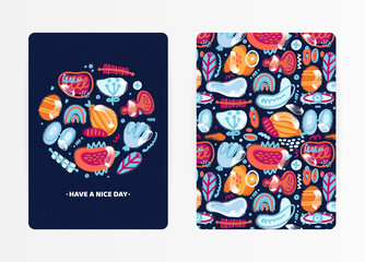 Obraz premium Vector abstract creative backgrounds with hand drawn different textured shapes and decorative elements. Folk style. Unique artistic cover design with decorated circle. Invitation, card, book, notebook