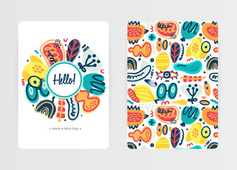 Vector abstract creative backgrounds with hand drawn different textured shapes and decorative elements. Folk style. Unique artistic cover design with decorated circle. Invitation, card, book, notebook