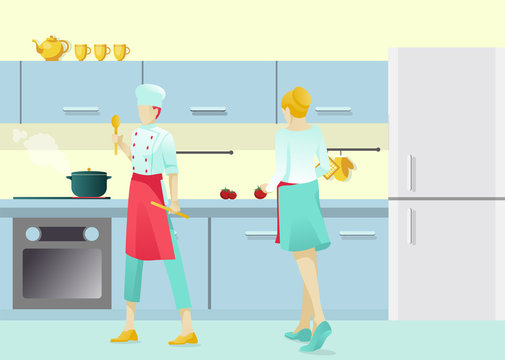 Cartoon Man and Woman Character Cooking Dishes in Kitchen. Restaurant Master-Chef Stewing and Helper Cutting Tomatoes. Couple in Love Preparing Dinner Together. Vector Flat Illustration