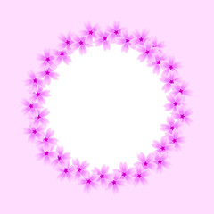 Round frame of sakura flowers. A wreath of pink flowers on a white background. Spring frame for the decoration of the theme of flowering, spring, beauty and Japan. Vector illustration