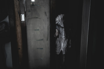 Portrait of asian woman make up ghost face with blood,Horror scene,Scary background,Halloween...