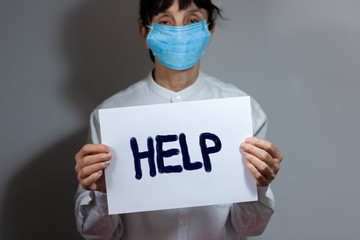 Coronavirus quarantine and Air pollution pm2.5 concept. Old sick woman wearing respirator mask for protect. Wuhan, China epidemic virus symptoms background, copy space.