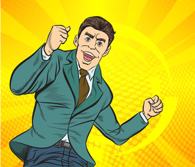 Business man are excited, happy, He showed a smile while raising his hand. Pop art retro illustration comic Style Vector, Separate images of people from the background.