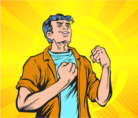 The young man smiled in a good mood, He raised his hands on both sides. Pop art retro illustration comic Style Vector, Separate images of people from the background.