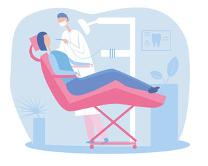 Dentist or ortadont in a dental or orthodontic clinic treats teeth, molars and incisors, flat vector stock illustration as a treatment concept in the office for design
