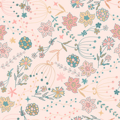 Cute seamless floral pattern for kids, raster version. Creative summer floral texture. Good for fabric, textile and more	