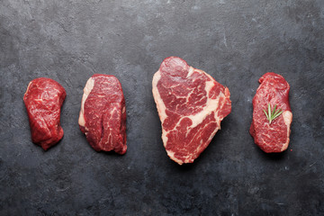 Variety of fresh raw beef steaks
