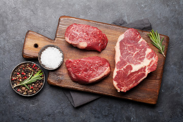 Variety of fresh raw beef steaks