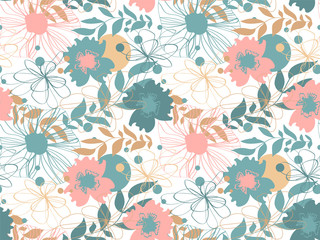 Seamless tropical pattern with flowers. Texture with flowers and plants. Floral ornament in pastel colors, raster version