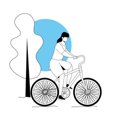 woman riding bicycle in park landscape vector illustration design