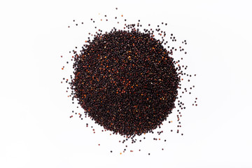 Heap of black quinoa on white background, top view