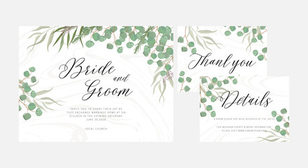 Set of Wedding floral invitation, thank you modern card: rosemary, eucalyptus branches wreath on white marble texture. Elegant rustic template. All elements are isolated and editable