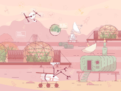 Prompt Flyer Greenhouse During Colonization Planet. Rapid Development Colonies on other Planets According to Earthly Pattern. Arrangement City, Robots and Drones are Involved in Work.
