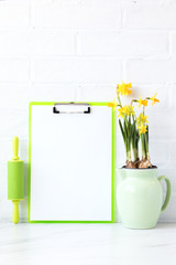 Kitchen board for recording spring recipes, menus and notes. Cuisine utensils,tools.