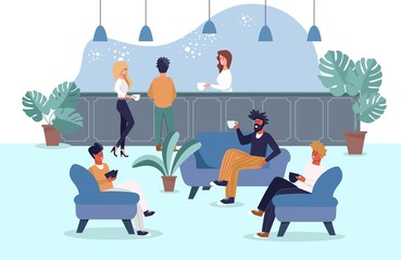 Cartoon People Characters Have Coffee Break. Men Women Visit Coffee-Shop for Rest, Refresh and Lunch. Restaurant or Cafe Flat Interior. Barista Serve Visitors. Male Friends Talk. Vector Illustration