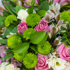 Bouquet of green chrysanthemums, roses and alstroemeria. Background
