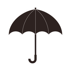 Black umbrella icon with handle isolated on white background in flat style. Umbrella for web, app. Open umbrela rain protection. Weather or meteorology concept. Autumn symbol in rainy weather. Vector