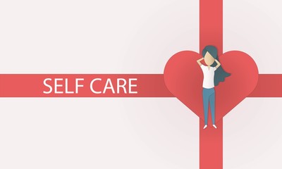 self care and self compassion concept,woman or girl sleeping sadly on a red heart,Red ribbon with text, white background,Vector illustration outline design.